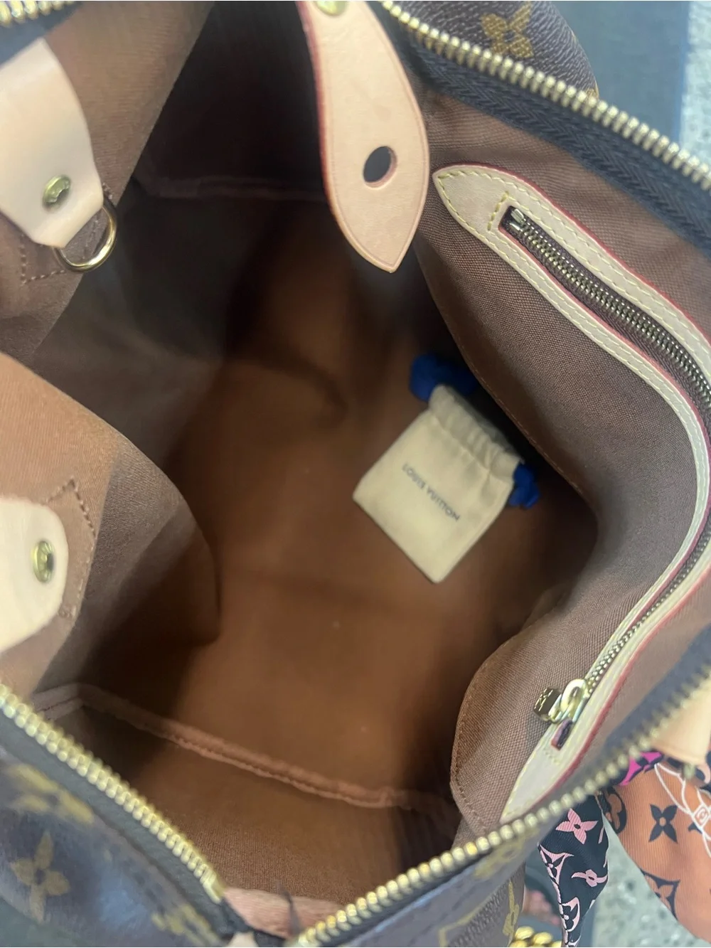 Louis Vuitton Brown Monogram speedy 30 with Pink Scarf and Multicolor Charm.